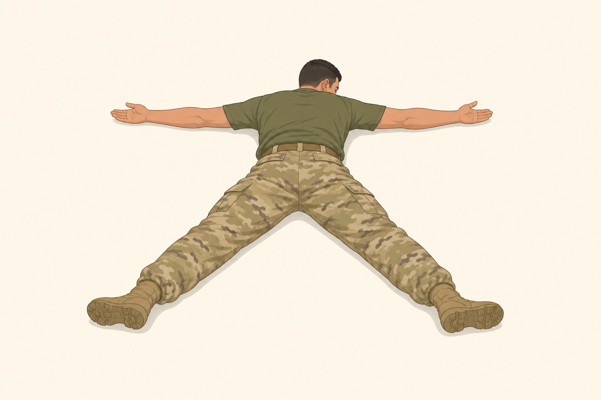 Search position — person lying face down with arms stretched out to the sides and legs spread apart